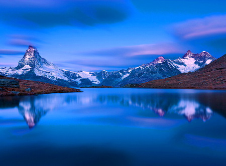 Liquid Blues - calm, clouds, blue, reflection, mountain, sky