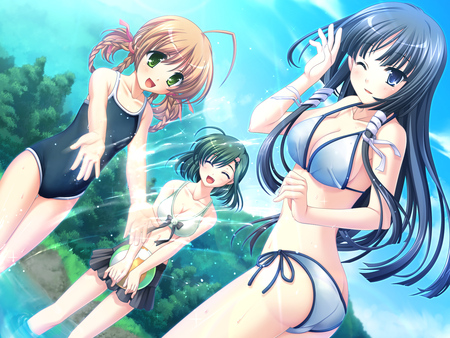 Fun at a Pond - girls, sexy, pretty, hot, bikini, water, anime