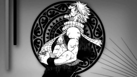 Natsu Dragneel - anime, vest, natsu dragneel, fairy tail, arms, natsu, male, short hair, scarf, black and white, monochrome