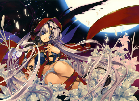 Moonlight Princess - moon, skirt, blue eyes, long hair, night, anime girl, pretty, petals, beautiful, anime, flowers, white hair