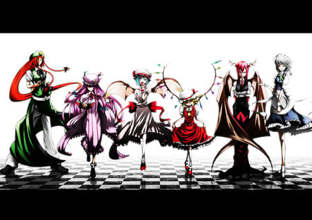 SDM Crew - koakuma, anime, plaits, flandre scarlet, book, hats, dress, hong meiling, long hair, white hair, short hair, group, red hair, touhou, blue hair, plain background, pink hair, purple hair, ribbons, white background, checkered floor, blonde hair, females, red eyes, patchouli knowledge, girls, characters, izayoi sakuya, wings, knee highs, remilia scarlet