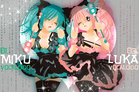 Hatsune Miku & Megurine Luka - pretty, artistic, pink, luka, headphones, black eyes, nice, hot, digital art, megurine, beauty, white, gray, megurine luka, cute, aqua eyes, sexy, vocaloid, anime, twintail, dress, hatsune miku, microphone, aqua, pink hair, art, beautiful, cool, black, miku, awesome, digital, aqua hair, hatsune, vocaloids, headset