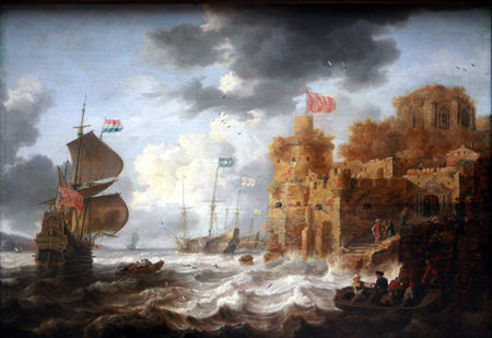 Port in Orient - water, ship, city, sails, flags, waves, port, sky, bay