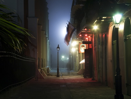 Asian City Lights - street, fog, lights, asian, lantern