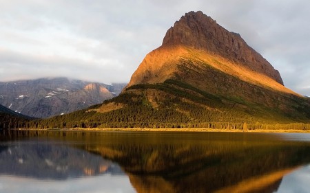 golden mountain - clouds, water, nature, lake, reflection, mountain, sky