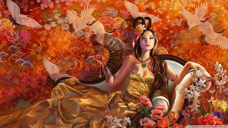 Cranes Painting - fantasy, lady, cranes, painting, chinese, hd, beauty, 1920x1080