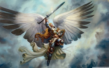 Archangel - warrior, wing, sword, angel, fantasy, painting, 2560x1600, archangel, hd