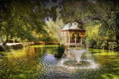 Dreams Park - trees, small lake, summer, beautiful, reflection, park, music gazebo