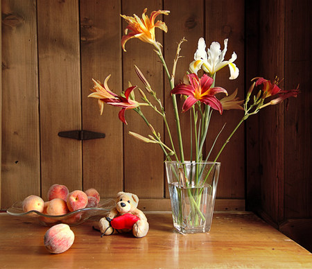 still life 1 - flowers, glass vase, beautiful, teddy bear, fruits, still life