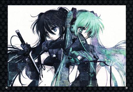 Black Rock Shooter & Hatsune Miku cross-over - tie, pretty, artistic, uniform, movie, nice, program, hot, sword, beauty, virtual, drawing, white, cute, aqua eyes, song, sexy, vocaloid, anime, blaze blue, twintail, hatsune miku, music, aqua, black rock shooter, ova, katana, art, idol, anime girl, skirt, beautiful, singer, girl, cool, black, miku, awesome, diva, painting, black hair, aqua hair, hatsune, vocaloids, brs