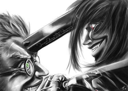 Hellsing, Alucard, anime, monochrome, weapon, black background