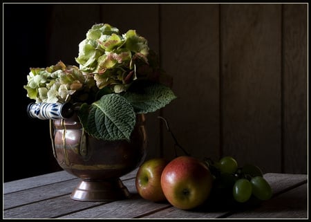 still life 1 - flowers, berries, apples, beautiful, table, fruits, pot vase, still life