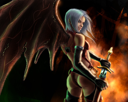 Sucubus - anime, sword, flame, sucubus, darkness, dark, blade, fire, wings, sexy