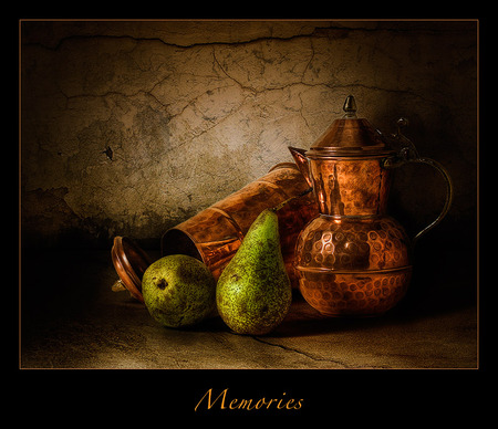 Memories - memories, beautiful, 2 oriental pots, fruits, 2 pears, still life