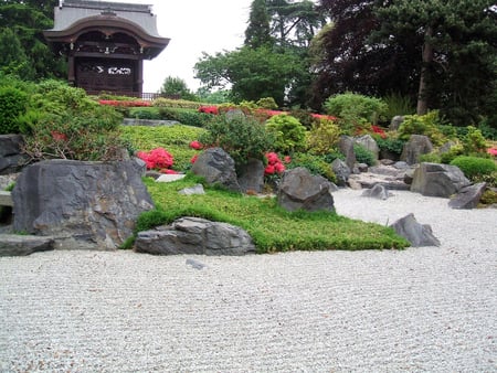 Japanese garden - teahouse, trees, greens, japanese garden, red, beautiful, flowers, stones, sand