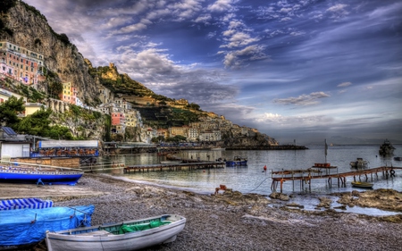 Amalfi,Italy - town, coast, blue, beach, boat, blue sky, italia, sand, mountain, amalfi, view, houses, sky, clouds, breeze, house, trees, beautiful, amalfi coast, sea, beauty, colors, lovely, architecture, buildings, pier, boats, colorful, nature, italy, peaceful