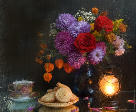 still life - roses, chrysanthemums, photo, flowers, rain, nice, vase, biscuits, beautiful, coffee, photography, drops, wet, tea, cool, still life, flower, bouquet, lantern, drink, harmony, rose, cup