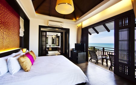 Bedroom's view - bed, inner architecture, pillows, wallpaper, view, balcony, wall, architecture, bedroom, photo, sea