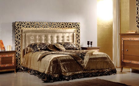 A touch of gold - bed, inner architecture, pillows, wallpaper, gold, picture, wall, architecture, bedroom, golden, photograph