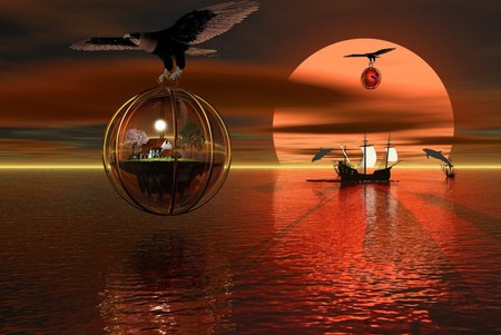 AMBER SUNSET - sky, ocean, eagles, sunset, fantasy, ship, globes, clouds, fish, amber