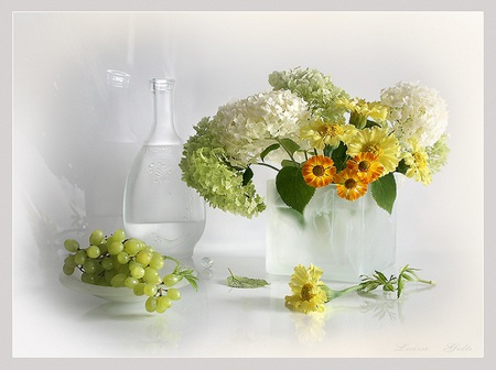 Spring beauties - flowers, vase, grapes, white, fruit, petals, hydrangea, glass