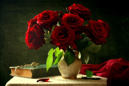 Romantic - vase, roses, book, table, red roses, still life, flowers, watch, red fabric