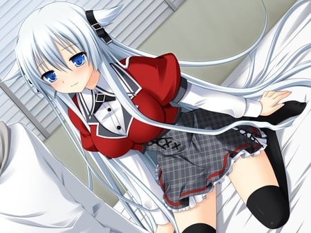 Playfully Waiting - nurse, pretty, anime, bed, white, girl, cute, sexy