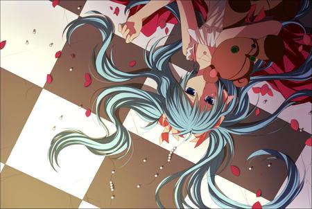 Hatsune Miku - virtual, miku, flower, digital, rose, vocaloids, song, red rose, singer, red, cool, awesome, vocaloid, anime, twintail, petals, laying, floor, aqua hair, red flowers, hatsune, black, cute, blood, beautiful, girl, anime girl, white, checkered, program, aqua eyes, pretty, aqua, beauty, digital art, dress, art, diva, nice, idol, music, hatsune miku