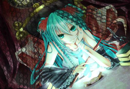 Hatsune Miku - tie, pretty, artistic, magic, light, nice, program, hot, digital art, beauty, kimono, virtual, drawing, white, cute, aqua eyes, song, sexy, wand, vocaloid, anime, twintail, hatsune miku, stick, music, aqua, red, fortune, art, idol, anime girl, beautiful, curtains, singer, girl, cool, black, glow, miku, awesome, diva, painting, digital, aqua hair, hatsune, vocaloids