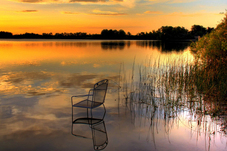 Tranquility - beauty, sky, trees, sun, water, lakes, amazing, yellow, reflection, glowing, clouds, sunsets, golden, landscape, background, nature, tranquility, chair, beautiful