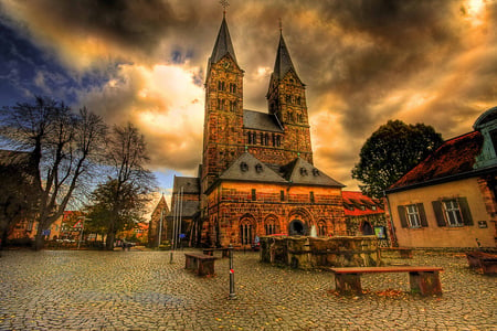 Hdr church - clouds, trees, square, blue, buildings, church, architecture, religious, hdr, bench, sky