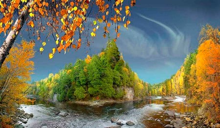 Autumn on the river - beauty, sky, autumn, trees, popular, water, colorful, sesons, rocks, amazing, yellow, clouds, green, tree, rivers, landscape, background, nature, blue, beautiful, leaves, stones