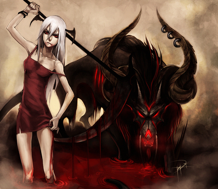 Beast trainer - blood, anime, wings, dress, beast, red eyes, white hair, horns