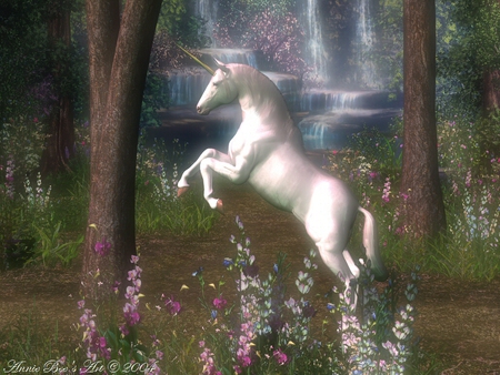 The Protector - trees, flowers, waterfall, fantasy, unicorn, other