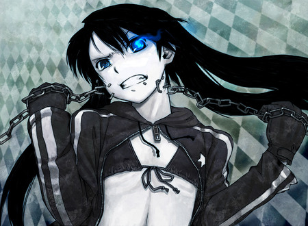 Black Rock Shooter - dark hair, chains, sexy, blue eyes, anime, rage, black rock shooter