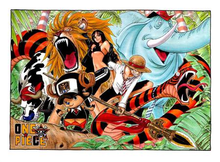 Straw Hat pirates in forest - elephant, forest, luffy, anime, tiger