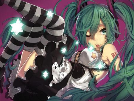 Hatsune Miku - stripped socks, pretty, back, light, headphones, nice, program, hot, thighhighs, beauty, virtual, white, cute, aqua eyes, song, sexy, vocaloid, anime, twintail, hatsune miku, stars, microphone, music, aqua, long socks, idol, anime girl, skirt, beautiful, singer, girl, cool, glow, miku, awesome, diva, aqua hair, hatsune, vocaloids, headset