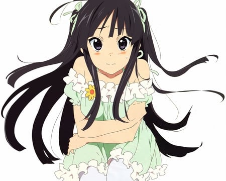 Akiyama Mio - pretty, dress, flower, long hair, k-on, white backround, kiyama mio, black hair, cute