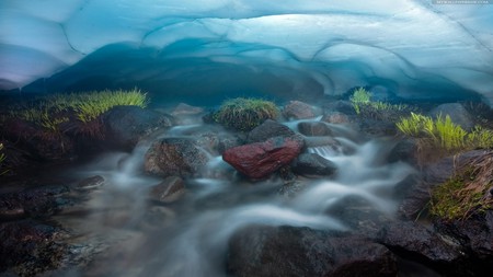 stream in blue - leafs, beautiful, blue, stream, greens, mist, rocks