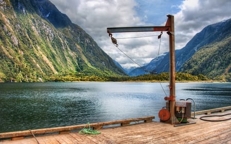 Peaceful Place - forest, beautiful, amazing, view, pier, nature, colorful, mountains, water, landscape, beauty, peaceful, lake, sky, new zealand, clouds, lovely, trees, colors, green