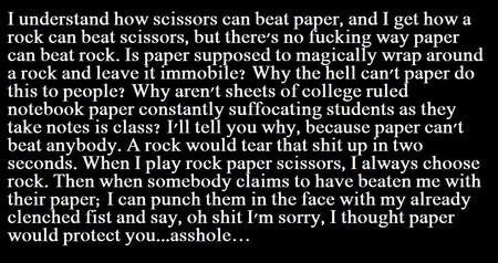 Rock paper Scissors - scissors, funny, black, quote, text, white, epic, paper, rock, words