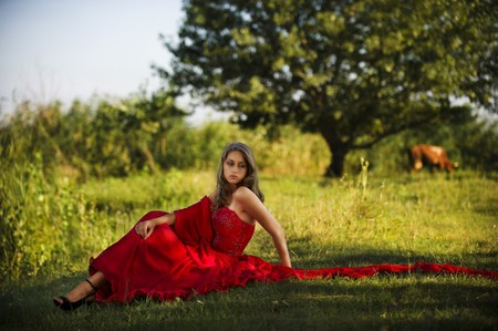 RED - trees, female, red, grass, dress