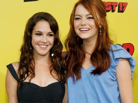 Emma Stone and Martha MacIsaac - redhead, martha macisaac, blue dress, black dress, brunette, emma stone