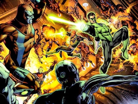 Justice League - fight, hero, villains, anime, blast, green lantern