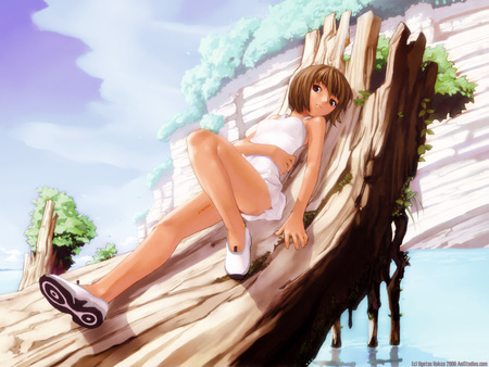 Sunbathing - anime, water, wood, sunbathing, girl, cute, sun