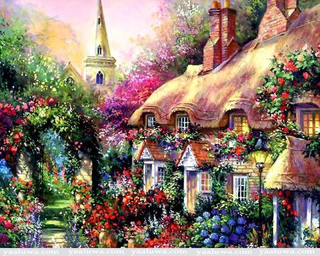 A Colorful Place - cottage, colorful, creative pre-made, painting, home, art, architecture, house, jim mitchell, garden, attractions in dreams, houses, draw and paint, gardens, stunning, village, love four seasons, church, beautiful, flowers, colors, bright colors