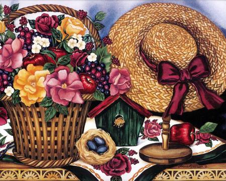 lovely  setting - bonnet, basket of flowers, apple, birdnest, birdhouse