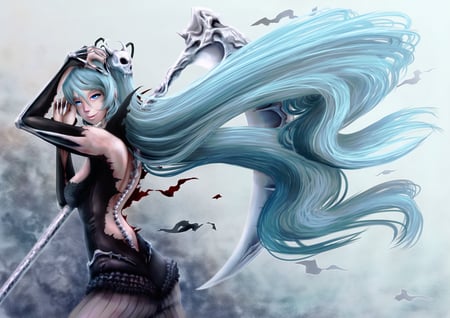 Reaper Miku - pretty, artistic, radical, real, costume, exotic, weapon, nice, scythe, program, reaper, hot, thighhighs, digital art, beauty, virtual, white, cute, aqua eyes, 3d, song, sexy, blood, vocaloid, anime, twintail, devil, hatsune miku, skull, music, aqua, hd, art, idol, anime girl, realistic, beautiful, singer, girl, cool, black, hell, miku, awesome, diva, digital, skeleton, aqua hair, hatsune, vocaloids