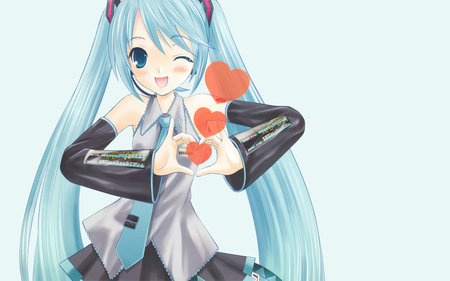 Hatsune Miku - tie, pretty, heart, headphones, nice, program, thighhighs, beauty, virtual, love, white, gray, cute, aqua eyes, song, vocaloid, anime, twintail, hatsune miku, microphone, music, aqua, red, idol, anime girl, skirt, beautiful, singer, girl, blush, cool, miku, awesome, diva, aqua hair, hatsune, vocaloids, headset