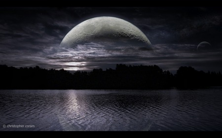 Moon over Frensham - moon, sky, reflection, blue, water, night